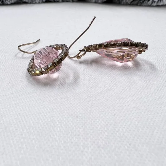 Blush Color Large Faceted Teardrop and Rhinestone 1.25” Gold Tone Earrings - Picture 5 of 5